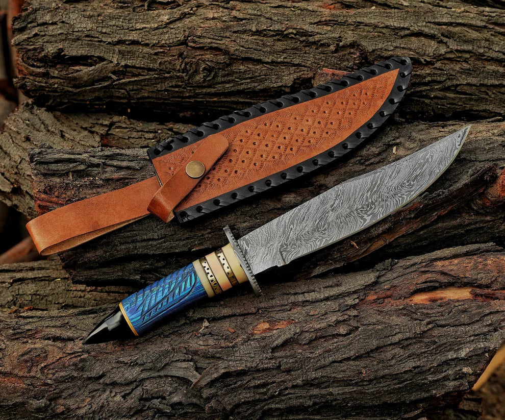 Handmade Damascus Steel Bowie Knife with Exotic Wood & Camel Bone Handle – Leather Sheath Included | DRSKNIVES HUB