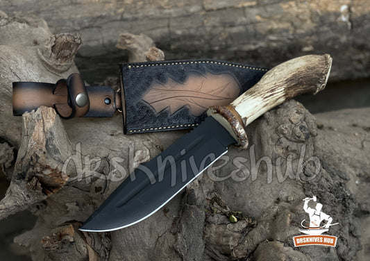 Knife with leather sheath on a wooden background, featuring 'desKniveshub' branding.
