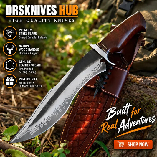 Handmade D2 Steel Bowie Knife: Walnut Handle Leather Sheath | DRSKNIVES HUB