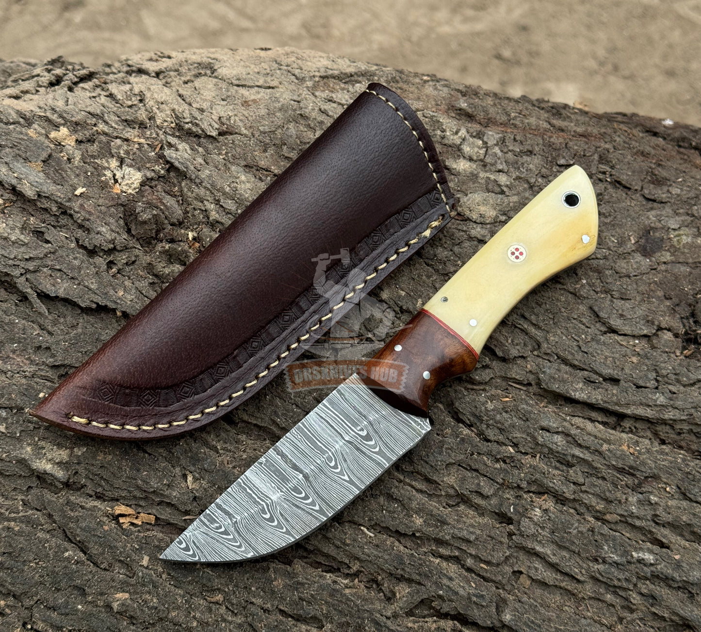 Damascus Belt Knife 9" – Bone & Wood Handle with Leather Sheath | DRSKNIVES HUB
