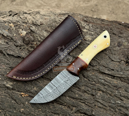 Damascus Belt Knife 9" – Bone & Wood Handle with Leather Sheath | DRSKNIVES HUB