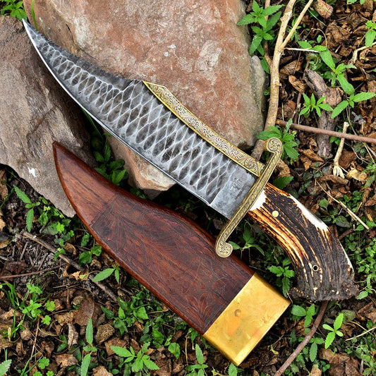 CUSTOM HANDMADE BIG BOWIE STONE WASHED STEEL ANTLER HANDLE KNIFE || DRS KNIVES HUB