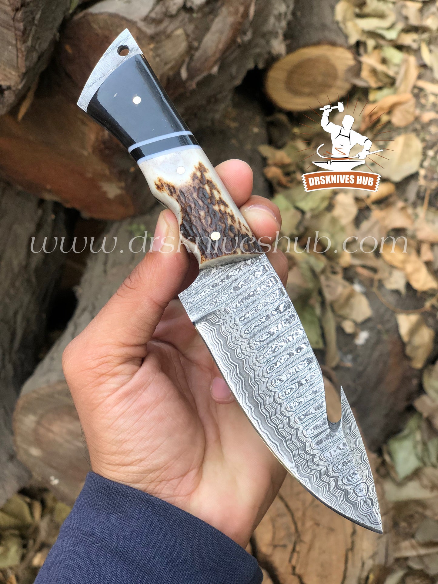 Handmade Damascus Steel Gut Hook Hunting,Skinning Knife With Antler + Buffalo Horn Handle