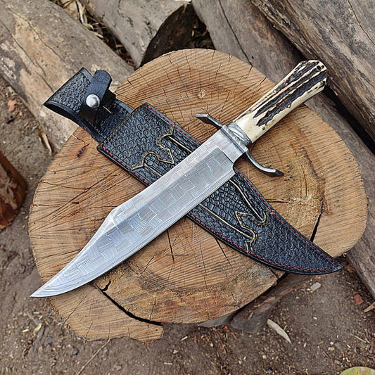 Bowie Knife Custom Handmade Damascus Steel Blade Hunting , Bowie Knife Antler Horn Handle With Leather Sheath Cover