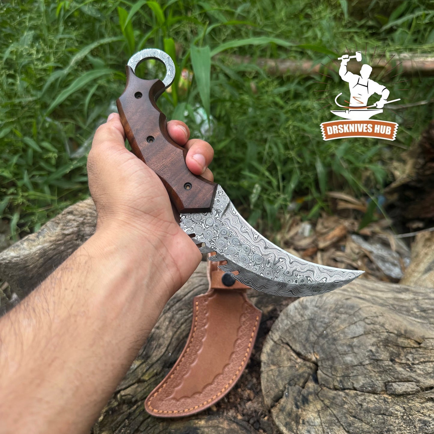 Handmade Damascus Steel Blade Wood Handle Karambit Knife With Leather Sheath Cover