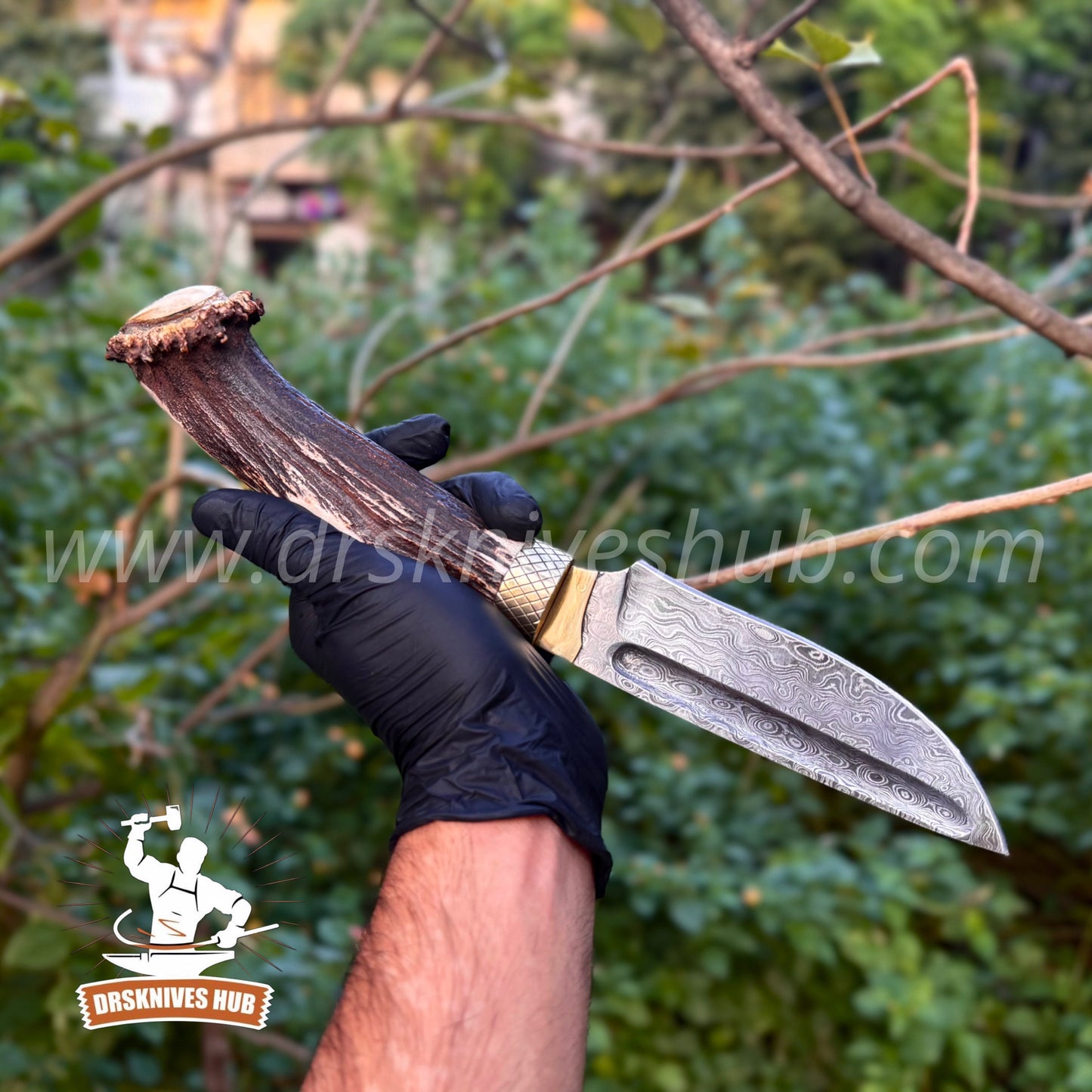 Handmade Damascus Hunting Knife | 10.5” Stag Handle Fixed Blade Knife | DRSKNIVES HUB