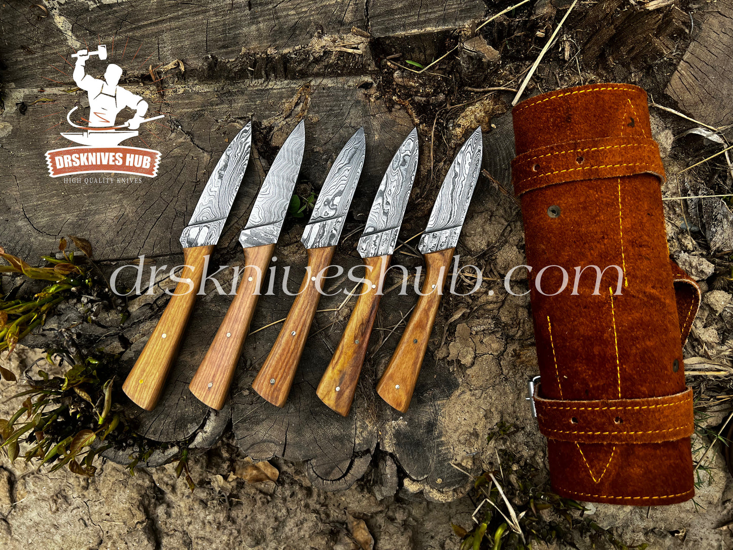 Bbq Knives Handmade Damascus Steel Blade 5 pcs Steaks Knives With Leather Roll kit Bag