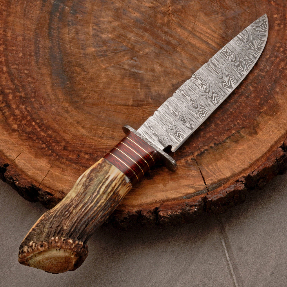 Edc Knife custom handmade Damascus steel hunting bowie knife with leather wrap || drs knives hub