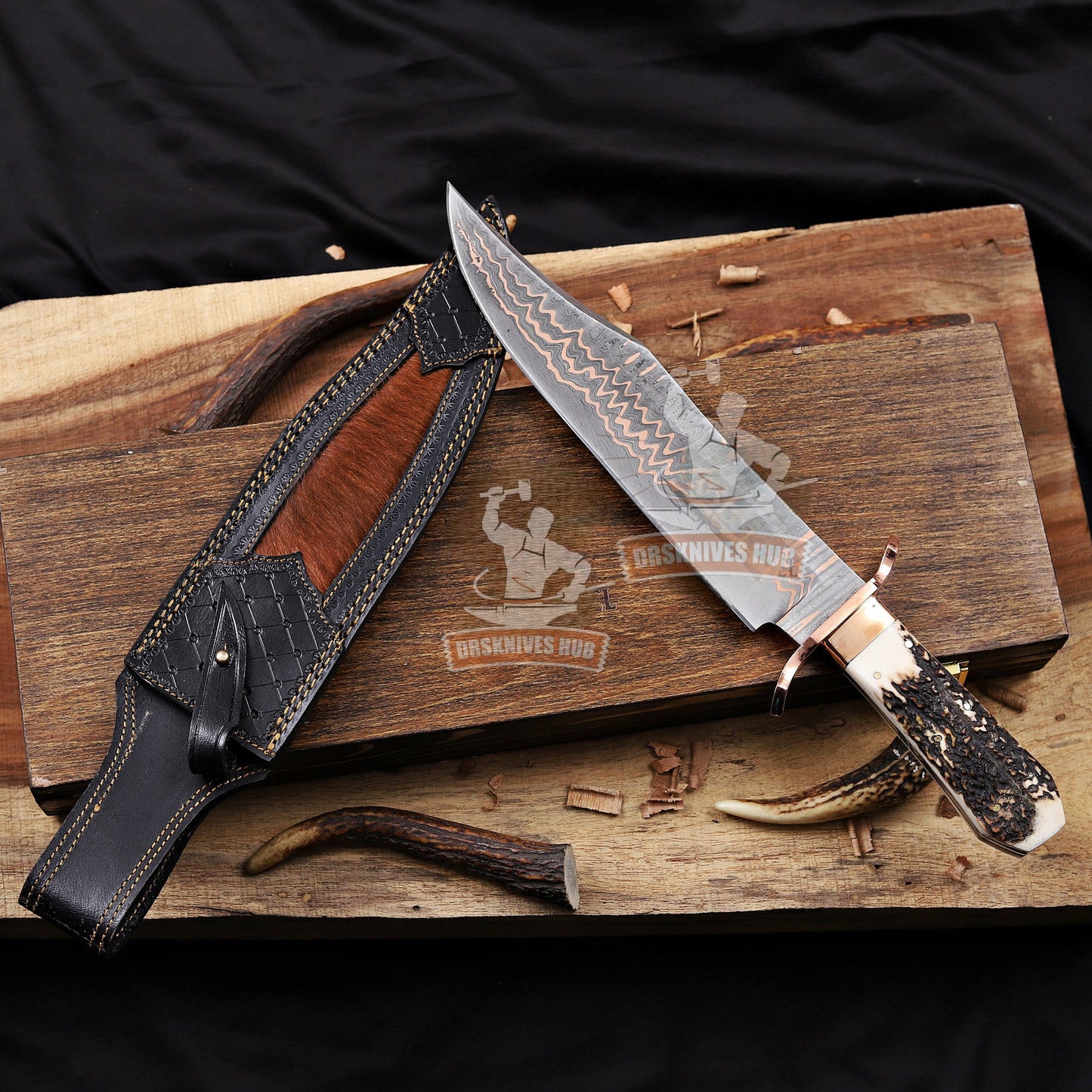 17” Inches Copper Damascus Full Tang Bowie With Leather Sheath and Wooden Box