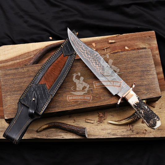 17” Inches Copper Damascus Full Tang Bowie With Leather Sheath and Wooden Box