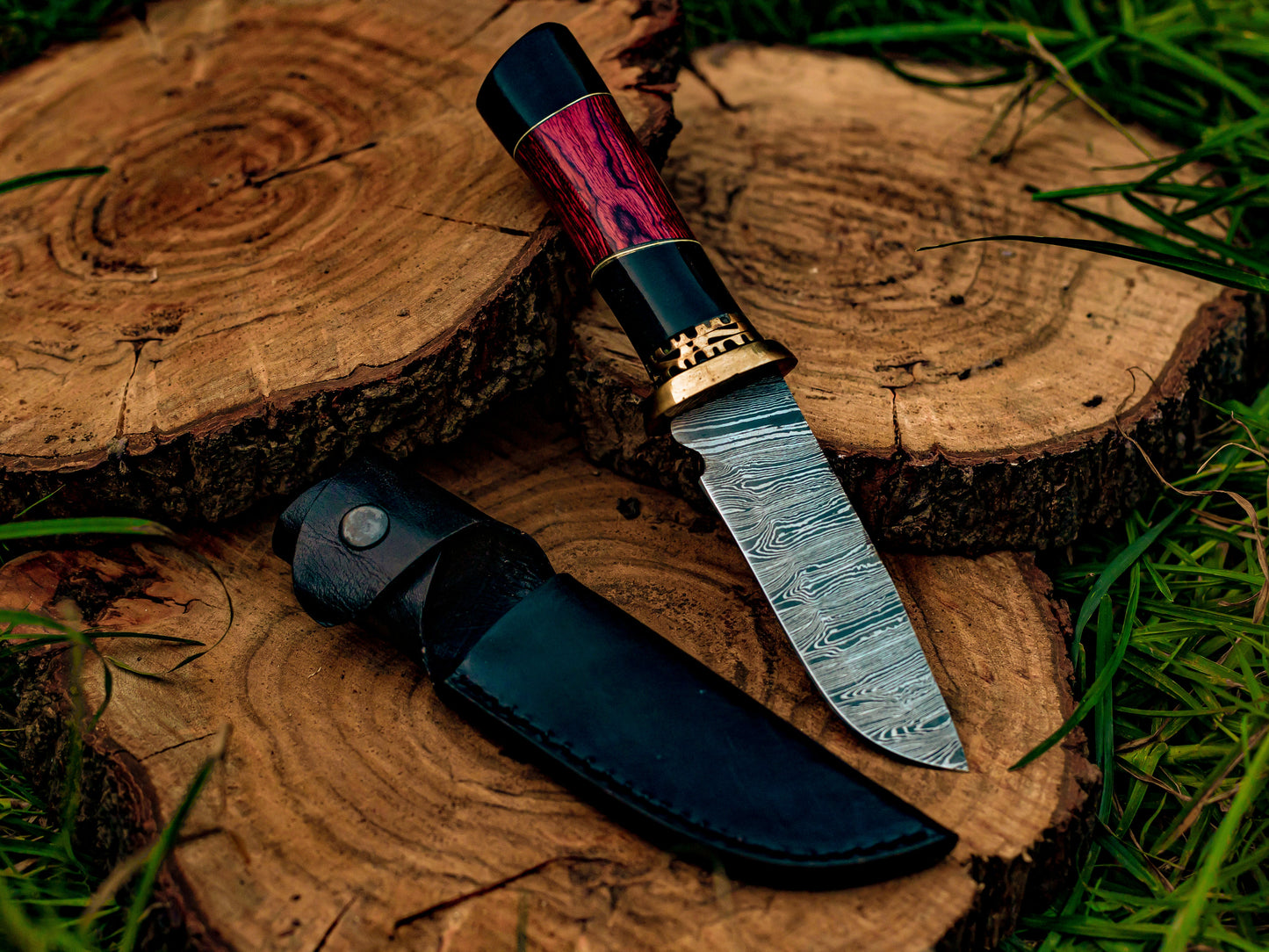 Damascus Steel Fixed Blade Knife with Ebony and Red Wood Handle