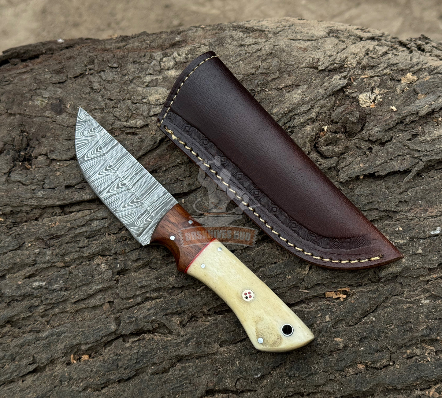 Damascus Belt Knife 9" – Bone & Wood Handle with Leather Sheath | DRSKNIVES HUB