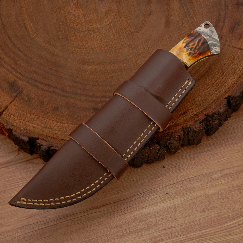Full tang handmade Damascus steel hunting knife with leather wrap || drs knives hub