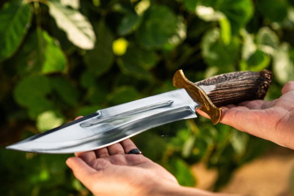 Custom Handmade Bowie Hunting Knife – 15” D2 Steel Blade with Stag Horn Handle & Leather Sheath | DRSKNIVES HUB 