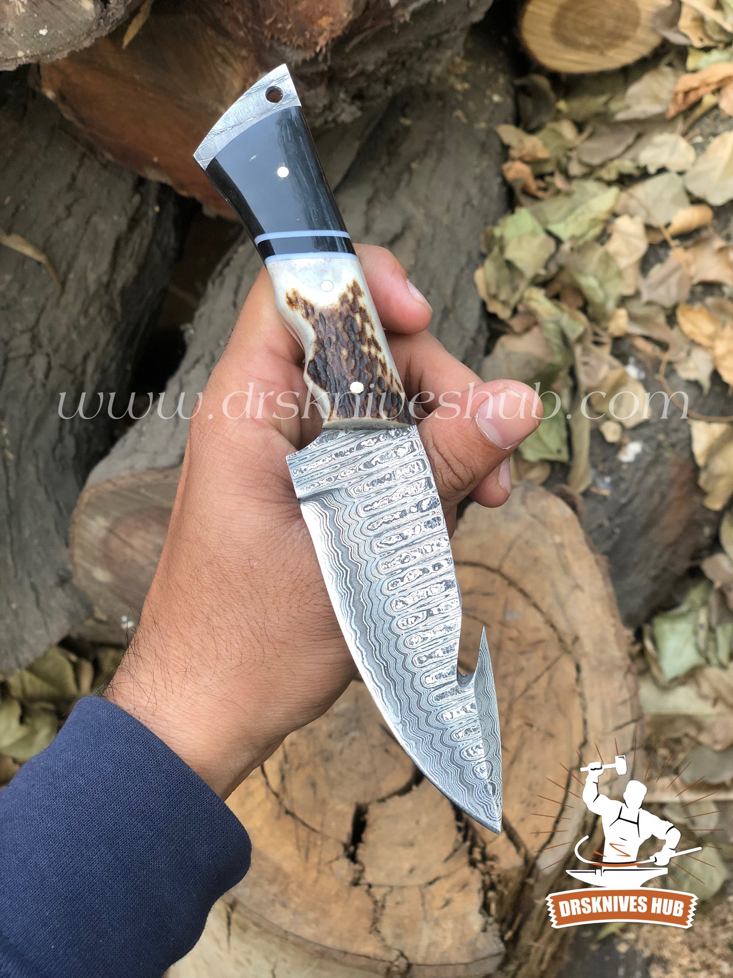 Handmade Damascus Steel Gut Hook Hunting,Skinning Knife With Antler + Buffalo Horn Handle