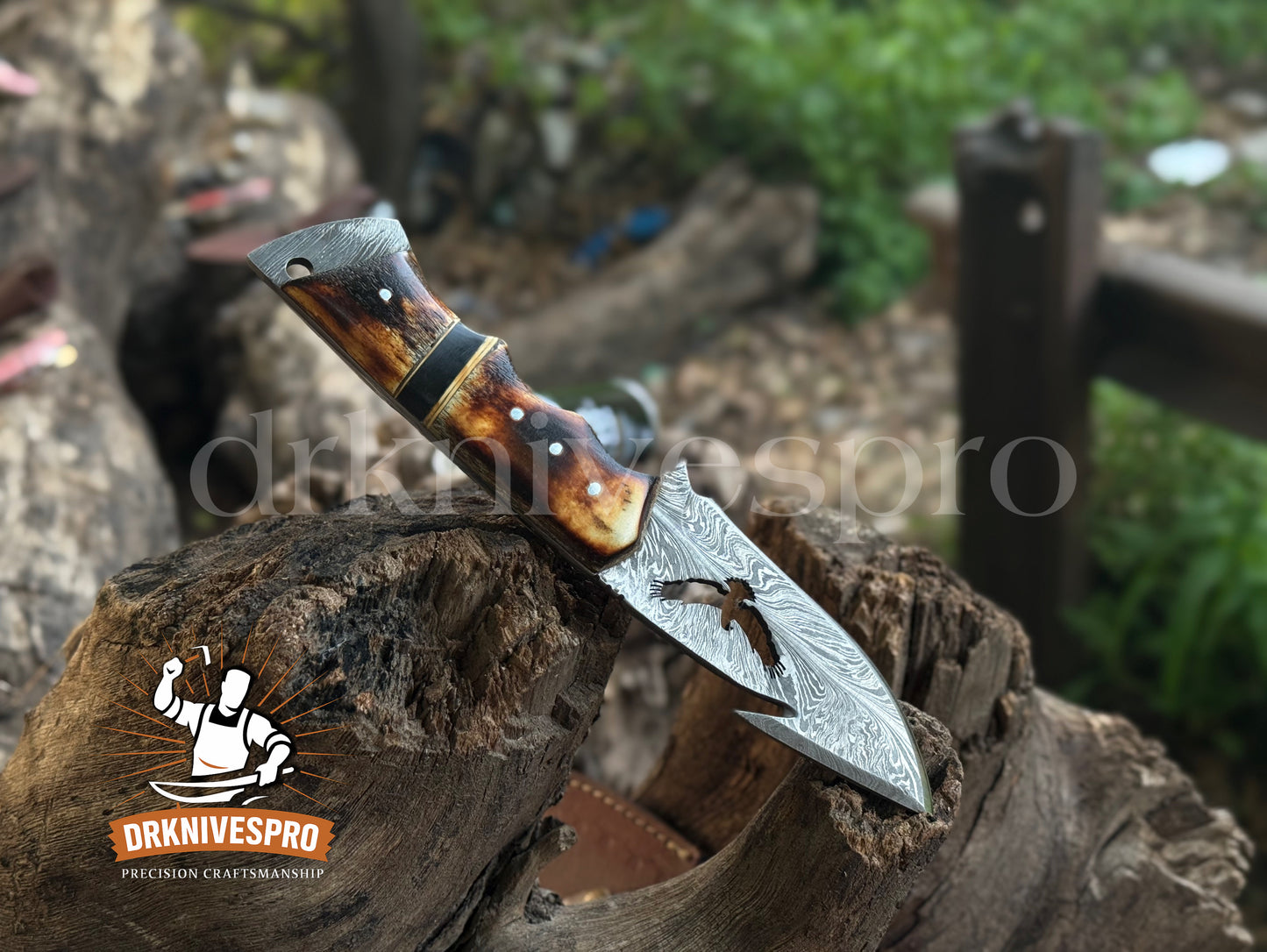 Personalized Hunting Knife Handcrafted Damascus Steel + Antler Handle With Leather Sheath