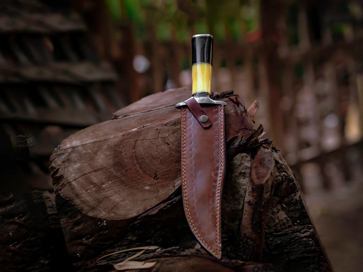 Hand-Forged Damascus Steel Bowie Knife with Brass and Bone Handle & Leather Sheath