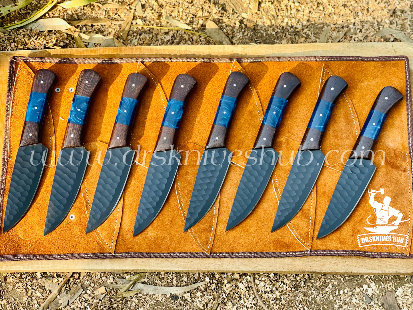 8pcs Handmade Carbon Steel powder Coated Blade Steaks Knife, BBQ knife With Leather Roll Kit