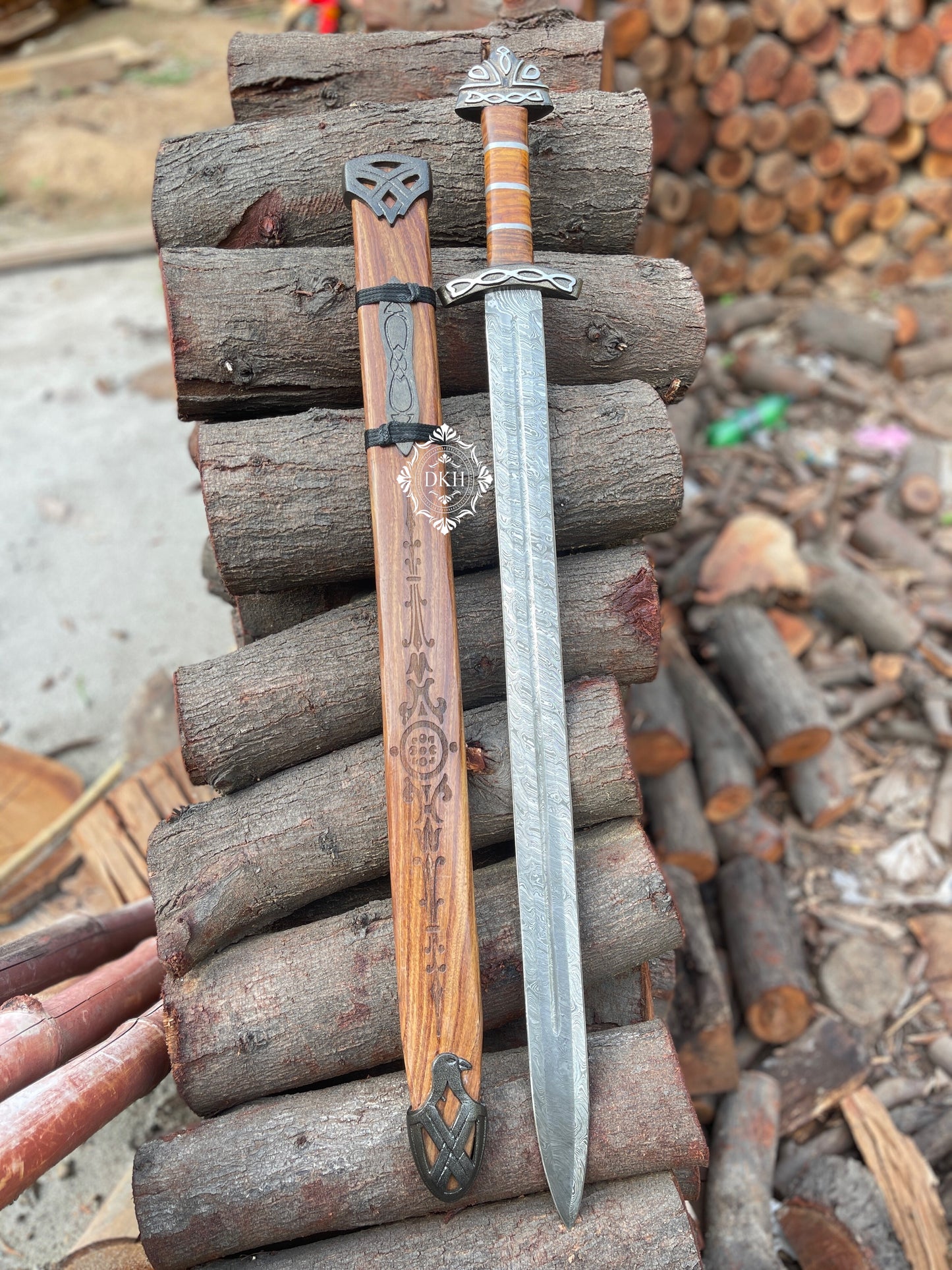 Rose Wood Handle Sword Custom Handmade Damascus Steel Sword