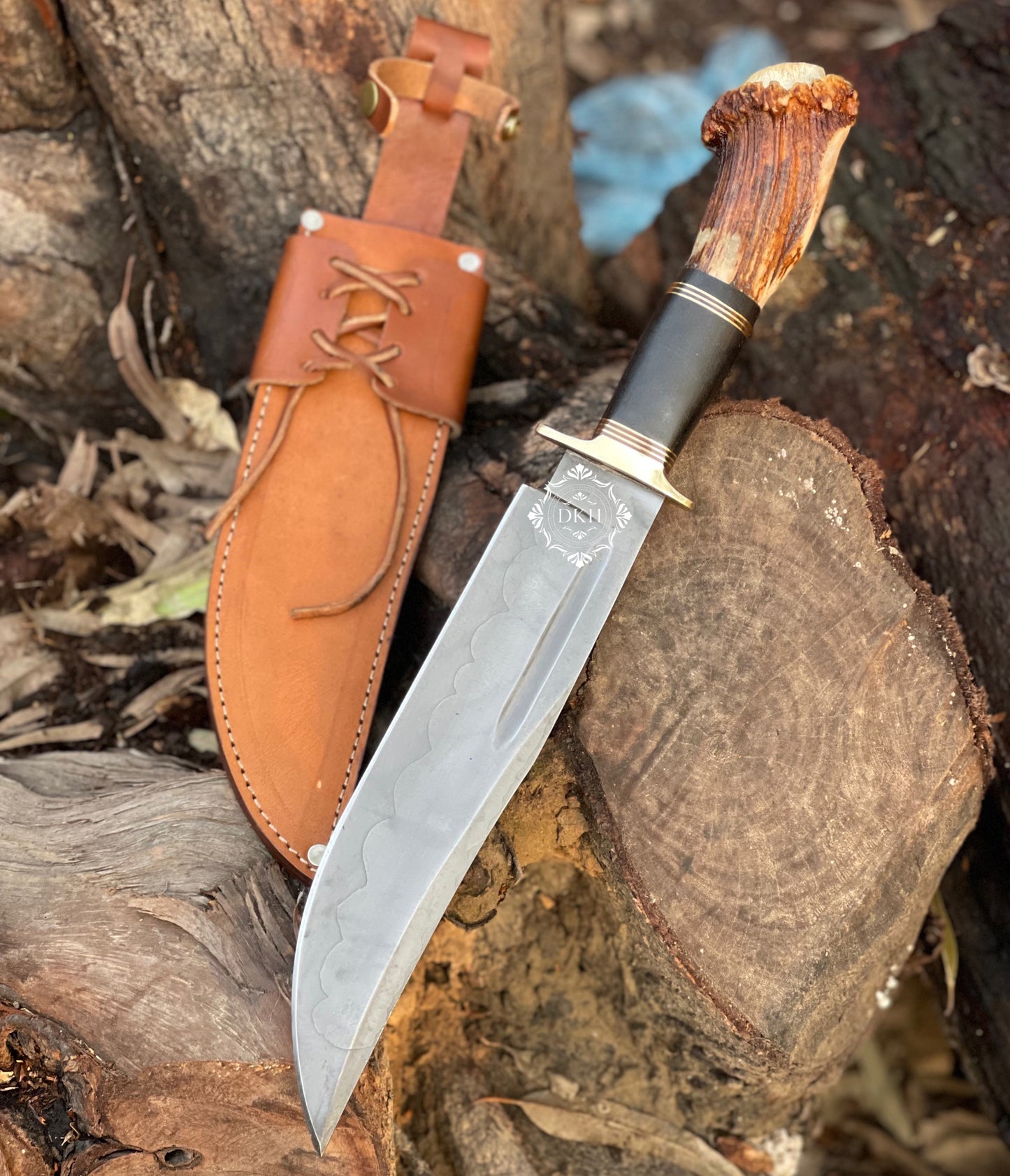 Antler Horn Handle Heavy Duty Hunting Bowie Knife With Leather Sheath Cover