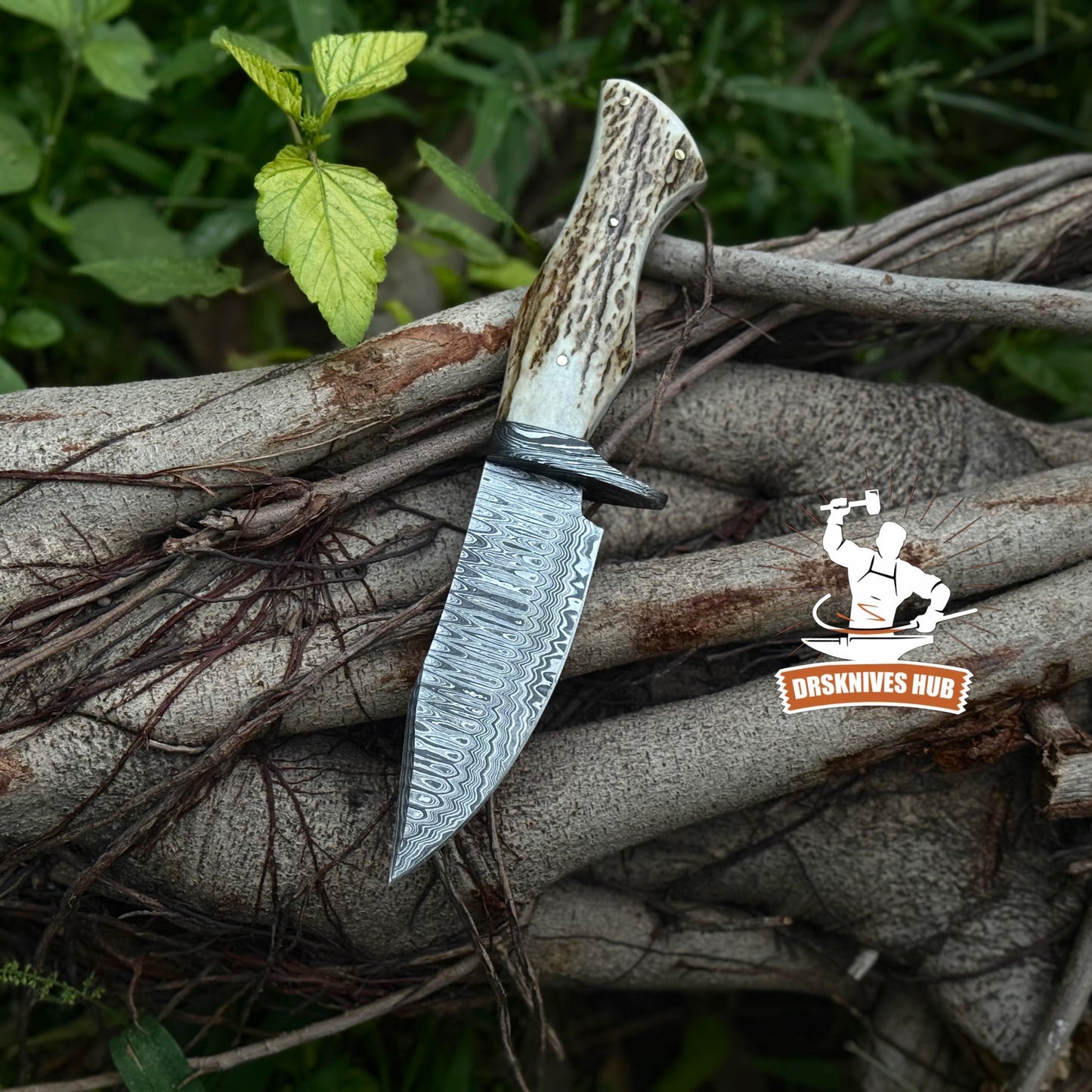 Damascus Steel Hunting Knife Antler Handle