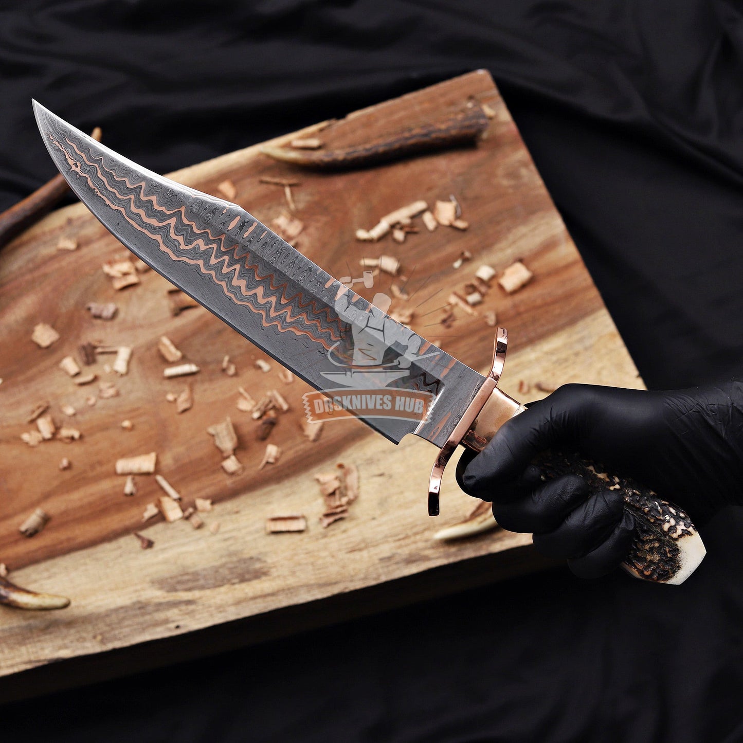 17” Inches Copper Damascus Full Tang Bowie With Leather Sheath and Wooden Box