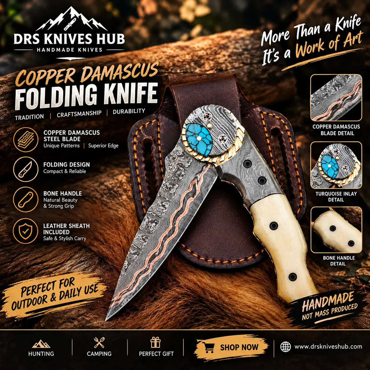 Handmade Copper Damascus folding knife with natural bone handle