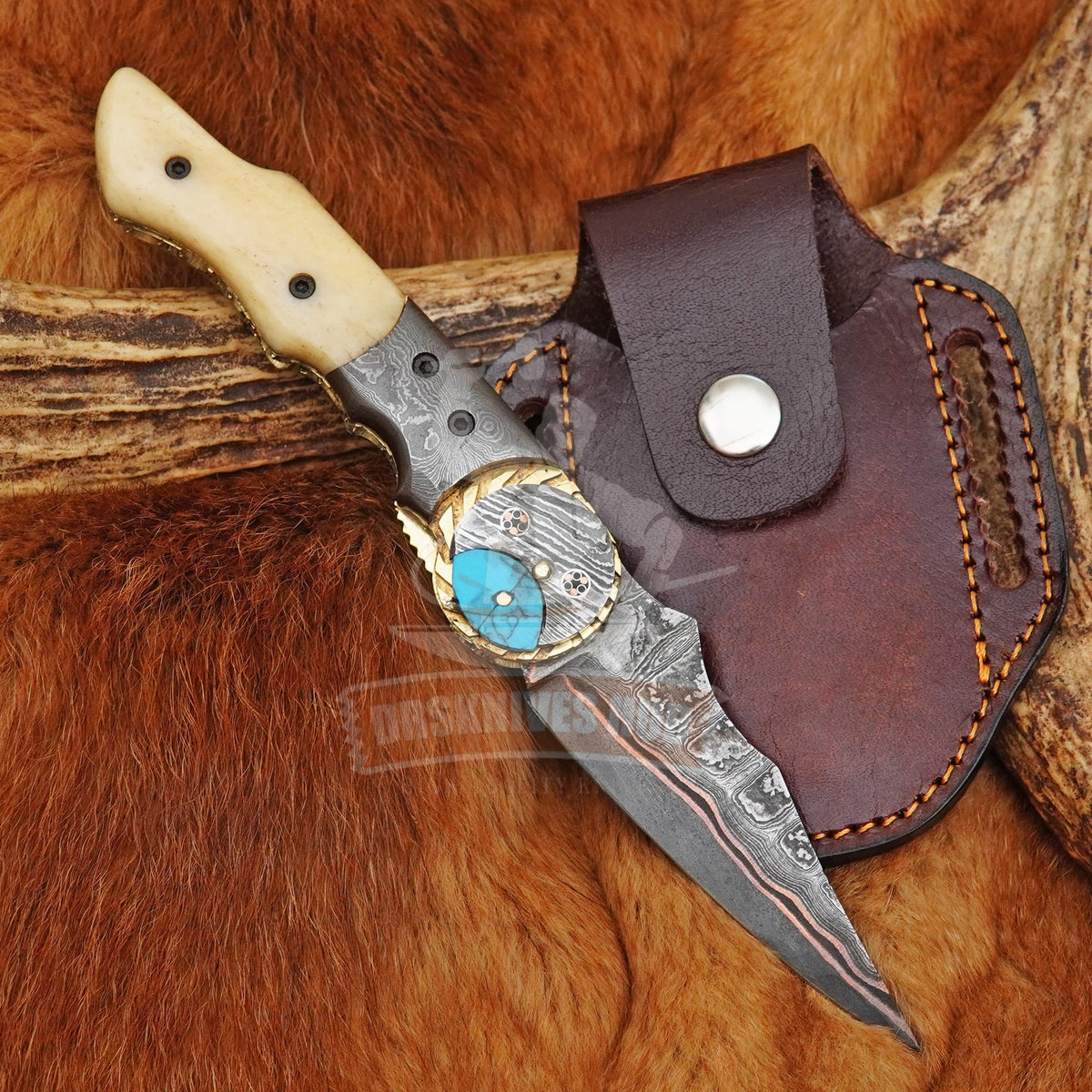 Handmade Copper Damascus Folding Pocket Knife with Bone Handle & Leather Pouch |DRSKNIVES HUB