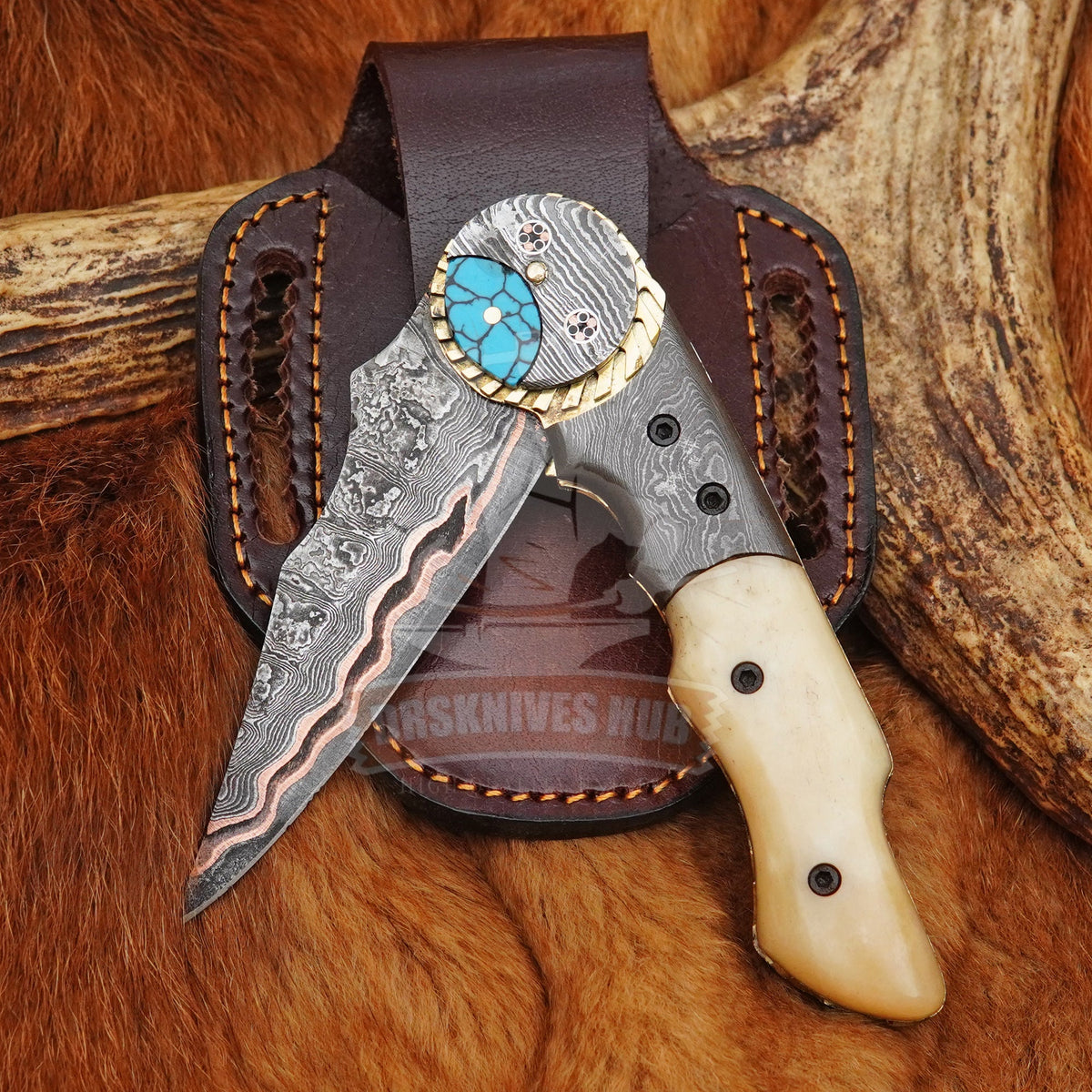 Handmade Copper Damascus Folding Pocket Knife with Bone Handle & Leather Pouch |DRSKNIVES HUB