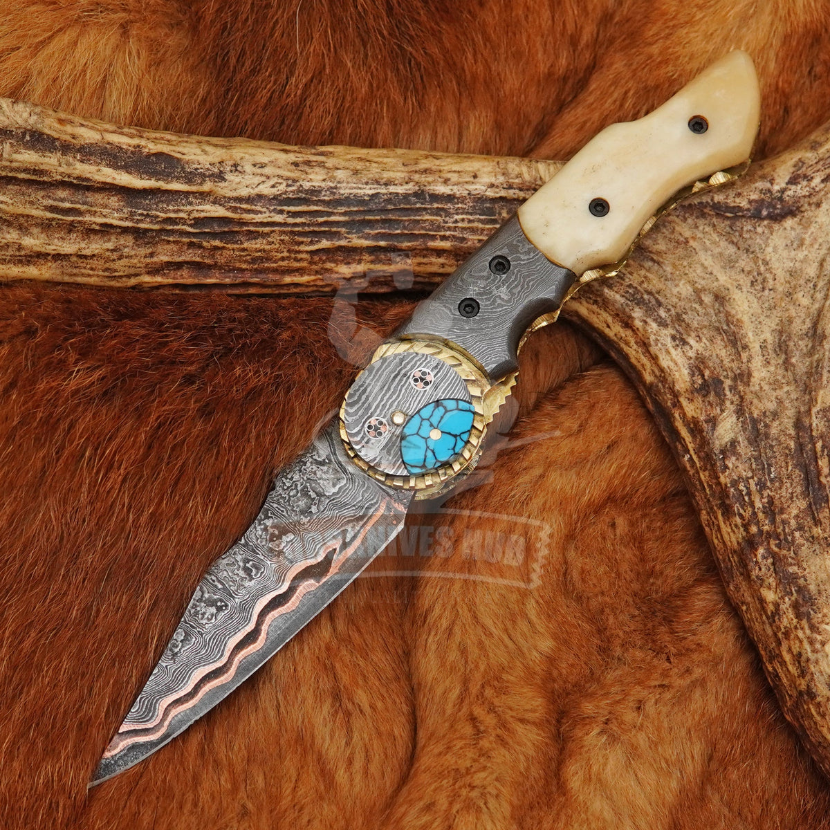 Handmade Copper Damascus Folding Pocket Knife with Bone Handle & Leather Pouch |DRSKNIVES HUB