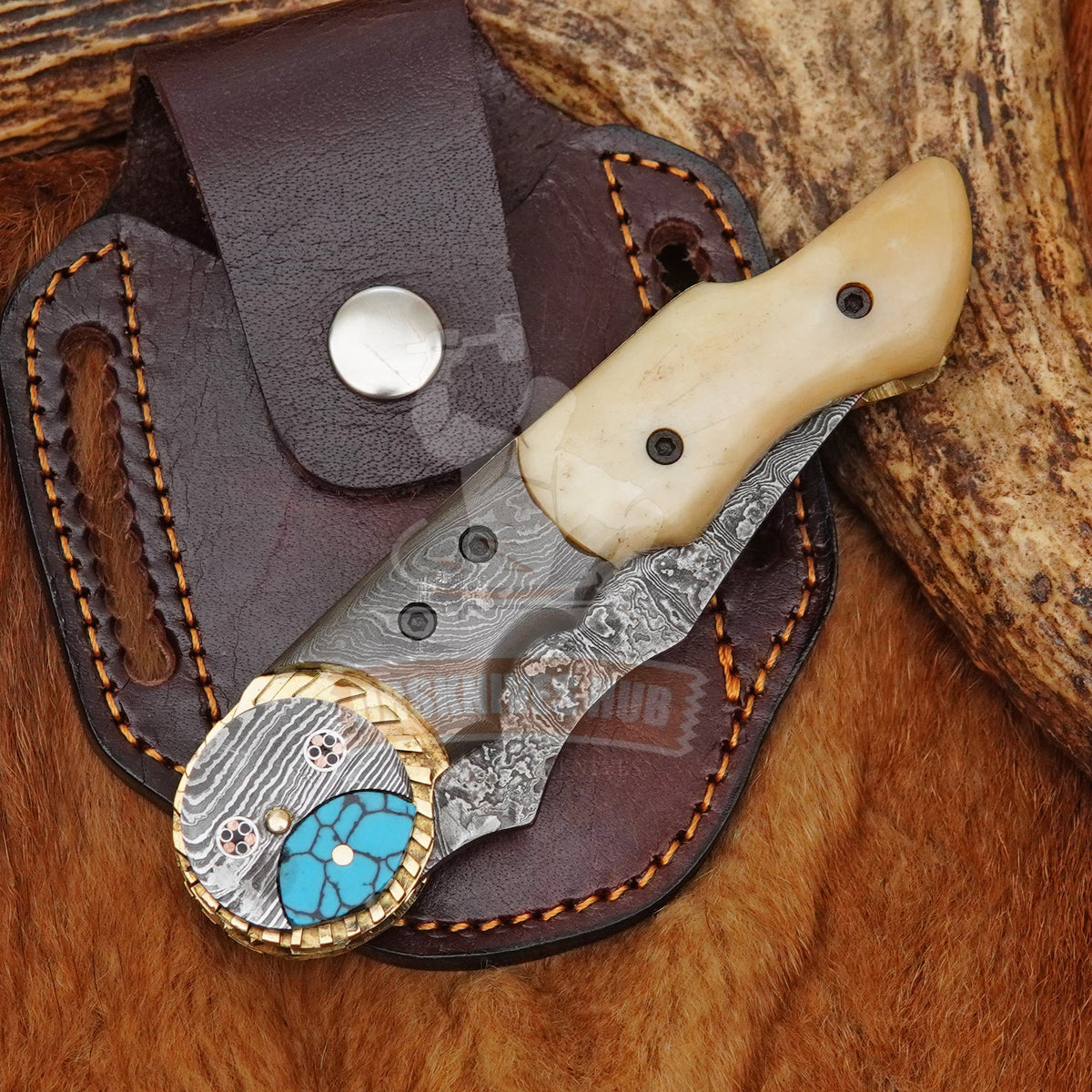 Handmade Copper Damascus Folding Pocket Knife with Bone Handle & Leather Pouch |DRSKNIVES HUB