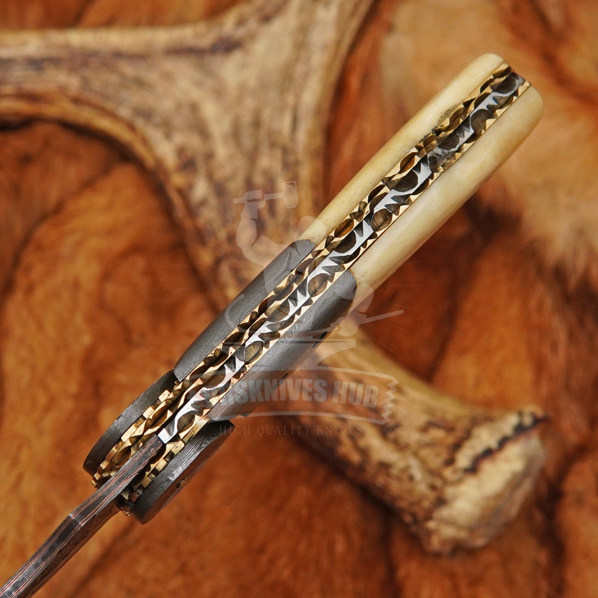 Handmade Copper Damascus Folding Pocket Knife with Bone Handle & Leather Pouch |DRSKNIVES HUB