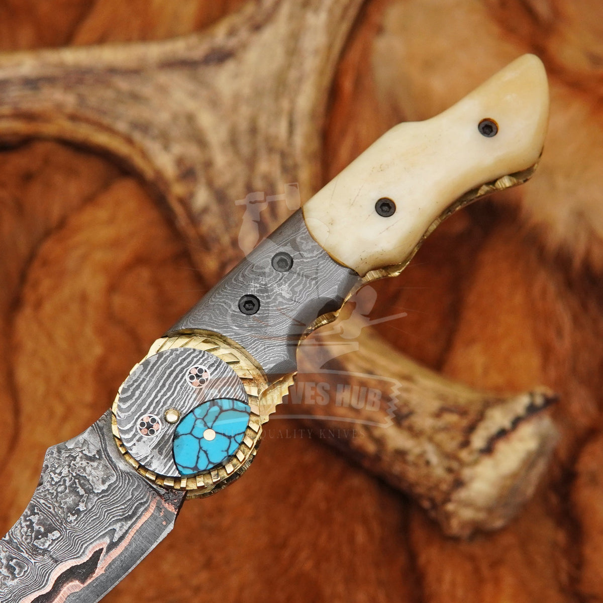Handmade Copper Damascus Folding Pocket Knife with Bone Handle & Leather Pouch |DRSKNIVES HUB