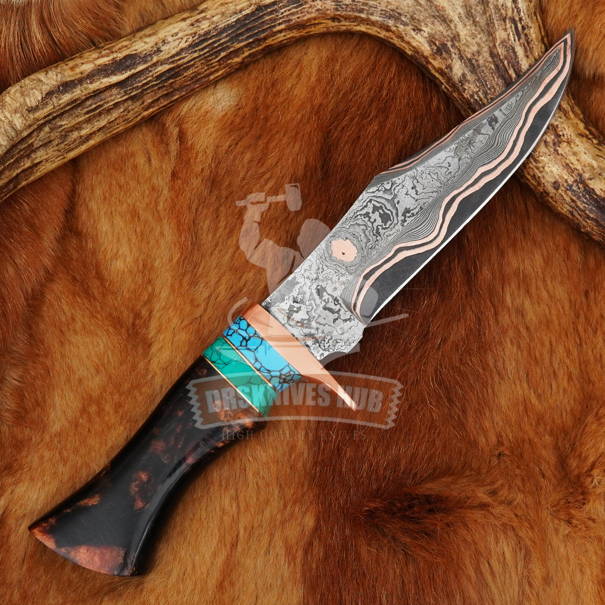 Copper Damascus Hunting Knife With Expoxy Resin Handle 