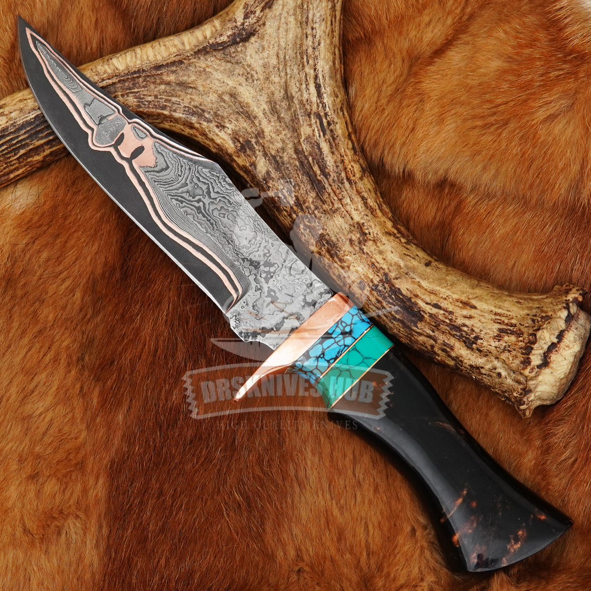 Copper Damascus Hunting Knife With Expoxy Resin Handle 