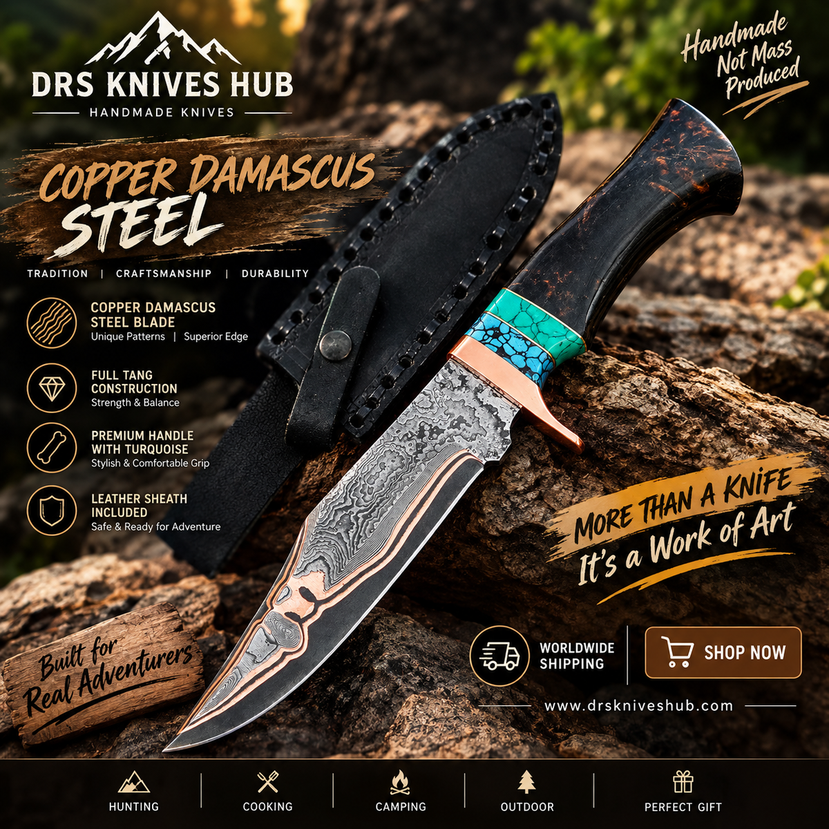 Copper Damascus Hunting Knife With Leather Sheath 