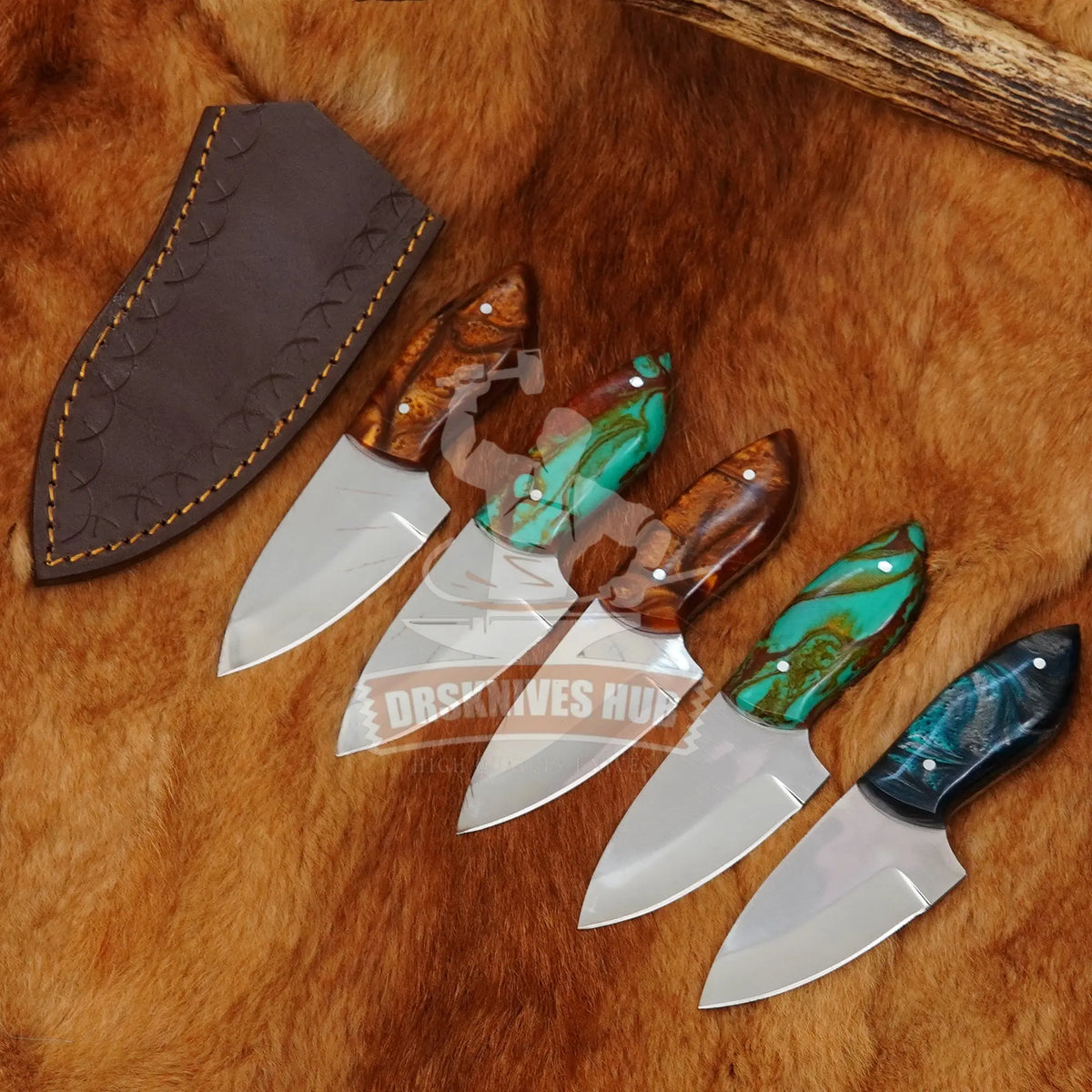 Copper Damascus knife gift set with handcrafted blades and copper detailing