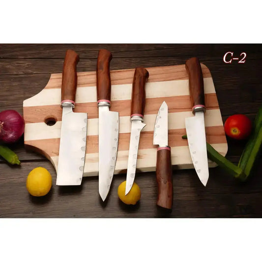 High-quality kitchen set Custom Handmade Stainless Steel 5Pcs Set Wood Handle  With Leather Cover|| Drs Knives Hub