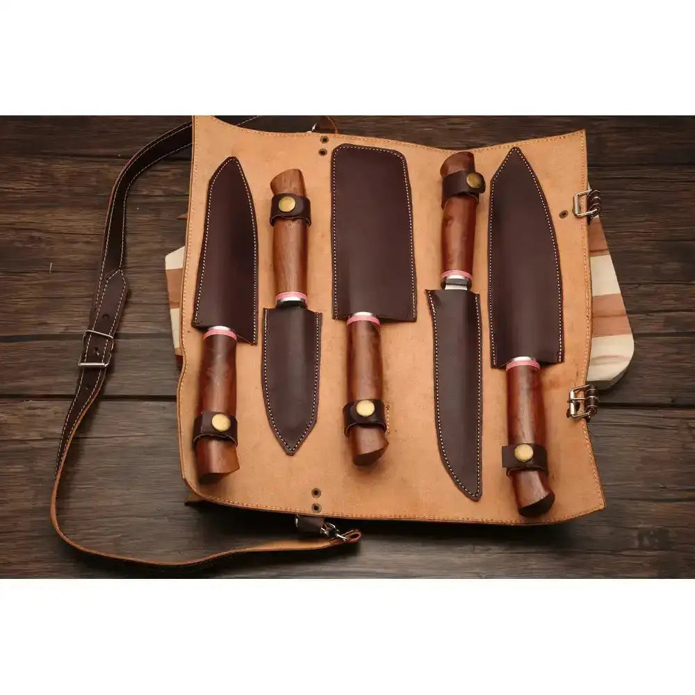 High-quality kitchen set Custom Handmade Stainless Steel 5Pcs Set Wood Handle  With Leather Cover|| Drs Knives Hub