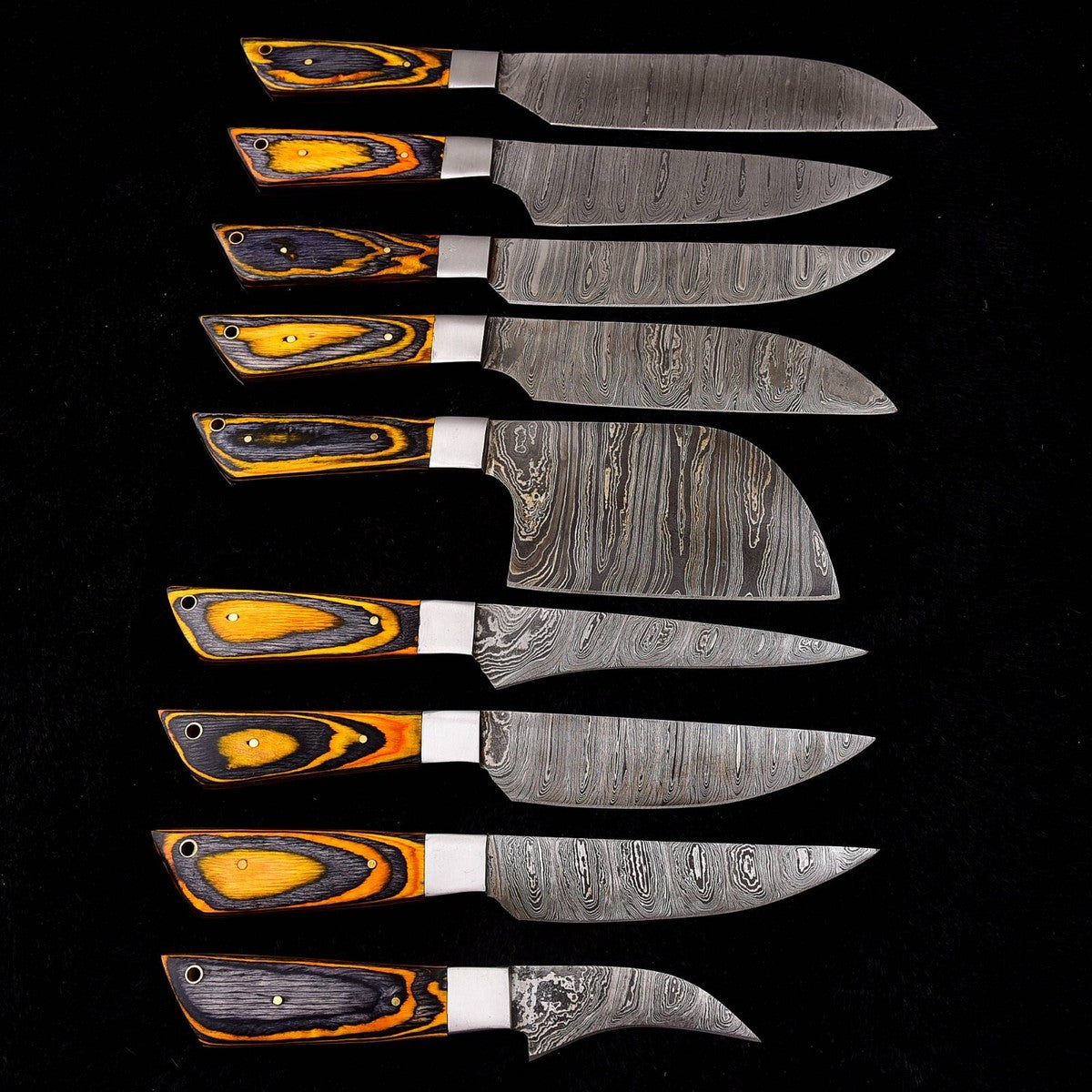 Damascus Chef Knife Set 9 Piece – Wood Handle with Leather Bag | DRSKNIVES HUB