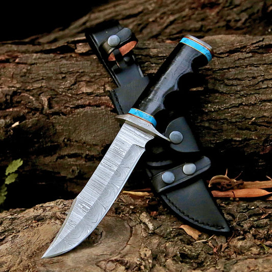 HANDMADE DAMASCUS STEEL HUNTING & SURVIVAL BOWIE KNIFE WITH STACKED LEATHER HANDLE || DRS KNIVES HUB