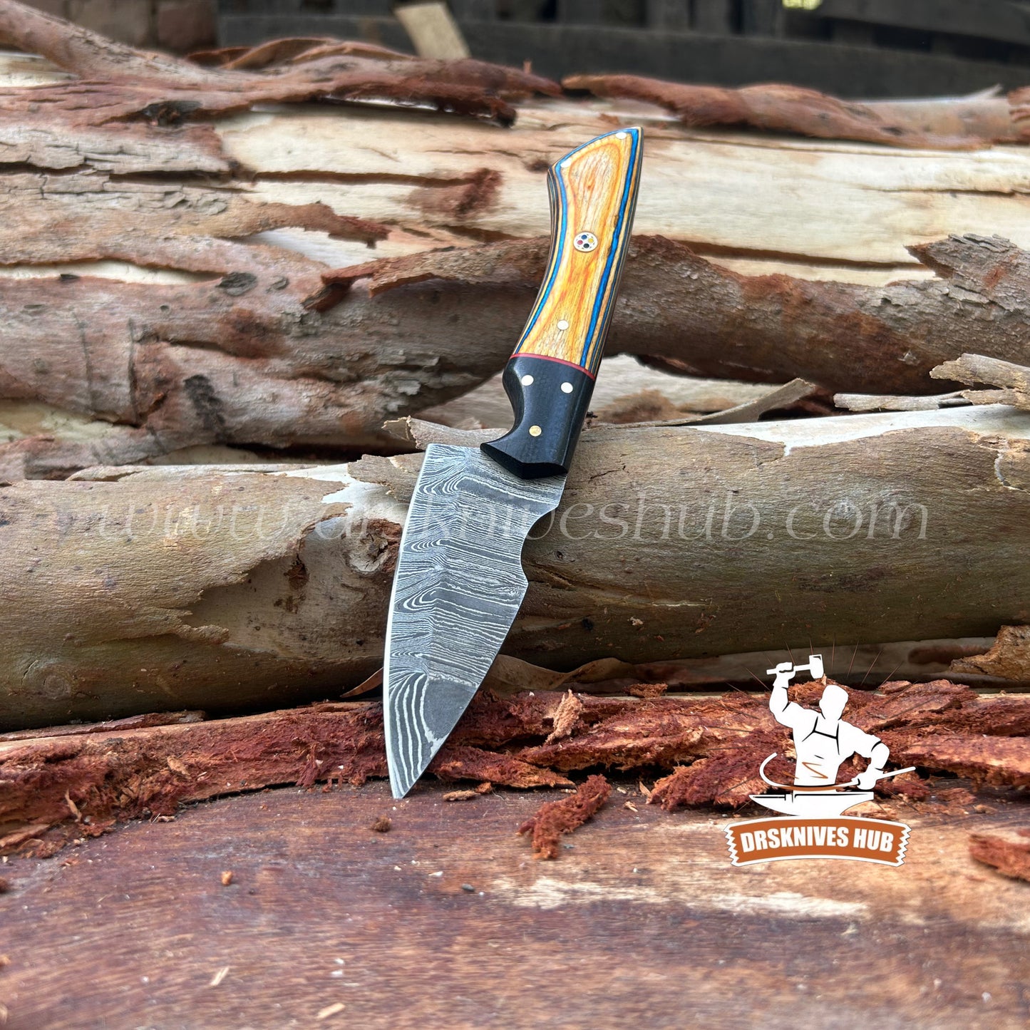 Handmade Damascus Hunting Knife – Fixed Blade Skinning Knife with wood Handle & Leather Sheath | Drs Knives Hub