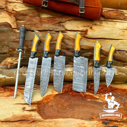 Handmade Damascus Kitchen Knife Set – 8-Piece Chef Knives with Leather Roll Kit | Drs Knives Hub