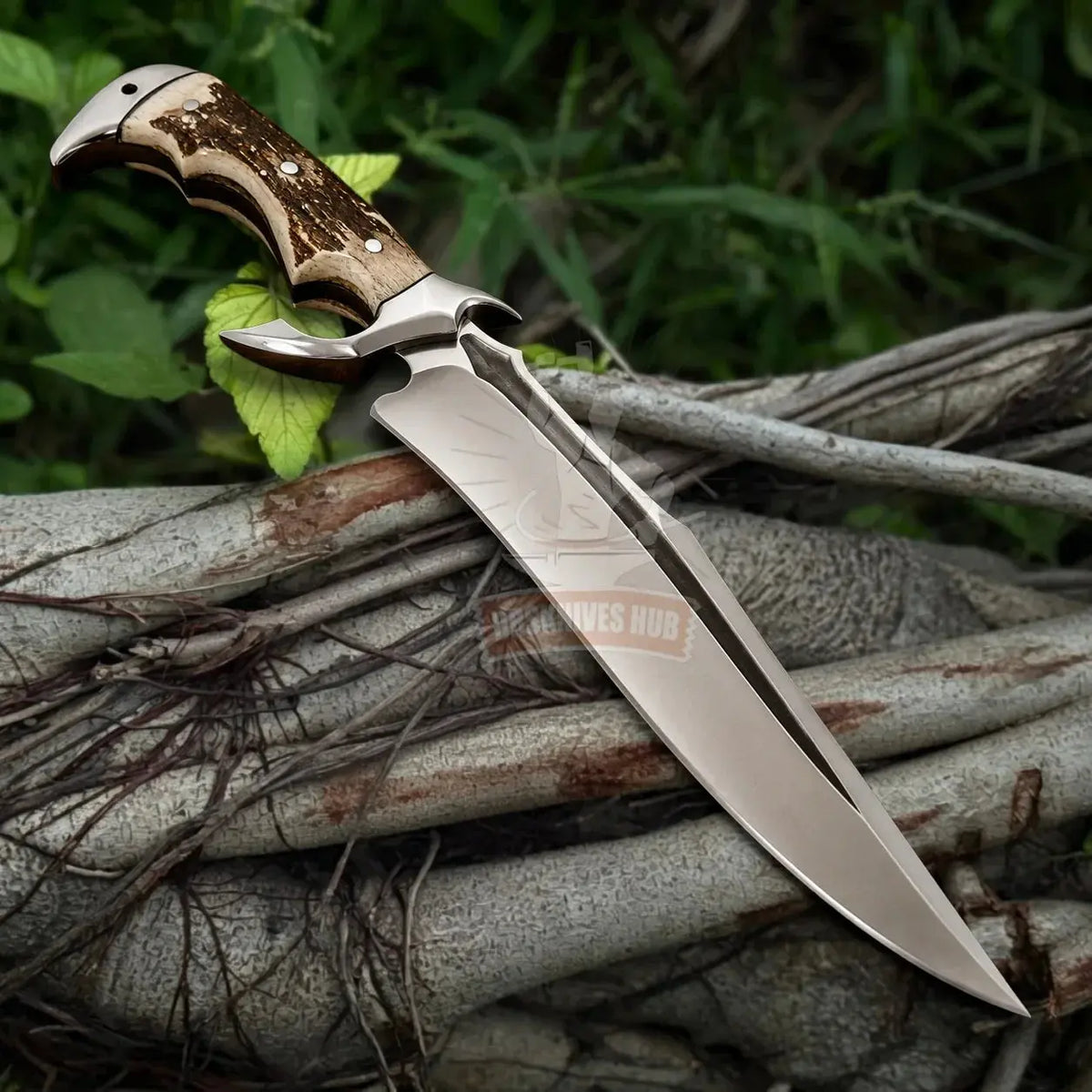 D2 steel Bowie knife with natural stag antler handle and leather sheath