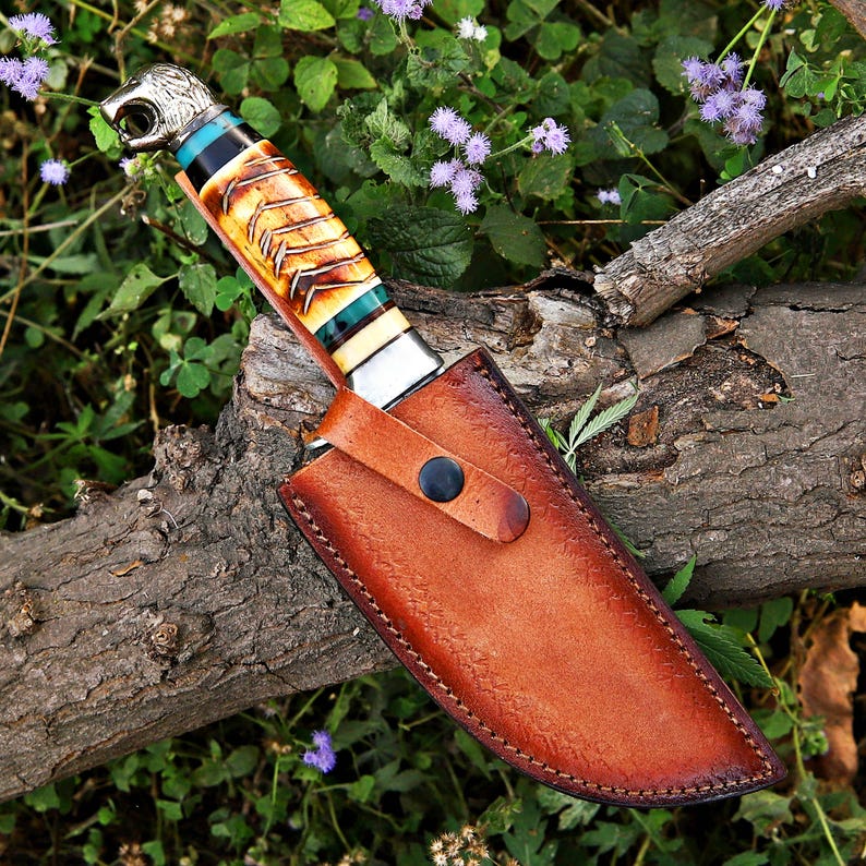 Hand Crafted J2 Steel Blade Hunting Knife Fired Bone Handle With Leather Sheath Cover