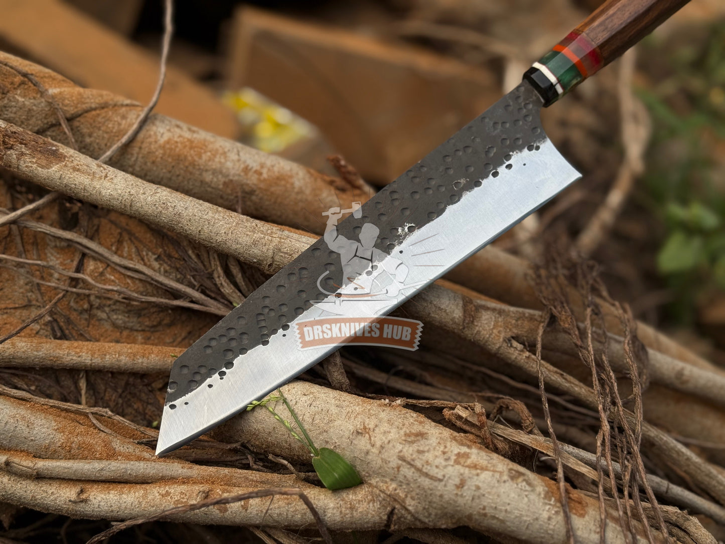 Handmade Carbon Steel Chef Knife: Rosewood Resin Handle & Leather Sheath