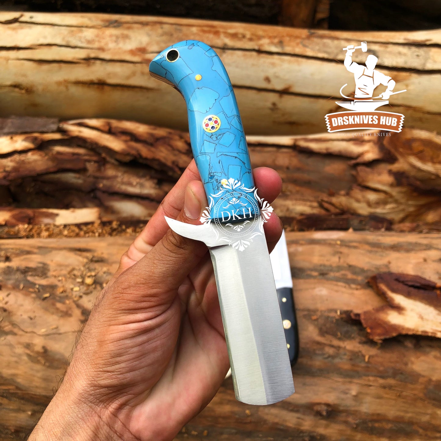 Turquoise Handle Handmade Stainless Cowboy Bull Cutter Knife With Leather Sheath Cover