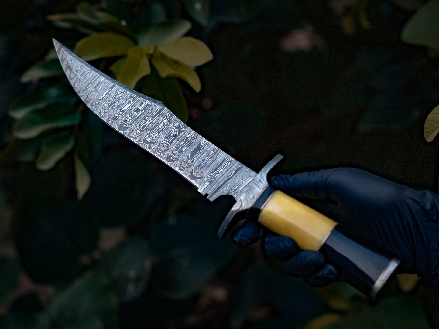 Hand-Forged Damascus Steel Bowie Knife with Brass and Bone Handle & Leather Sheath