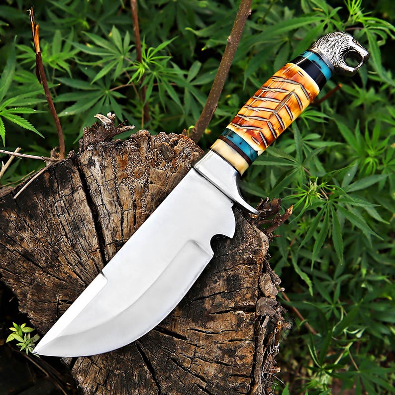 Hand Crafted J2 Steel Blade Hunting Knife Fired Bone Handle With Leather Sheath Cover