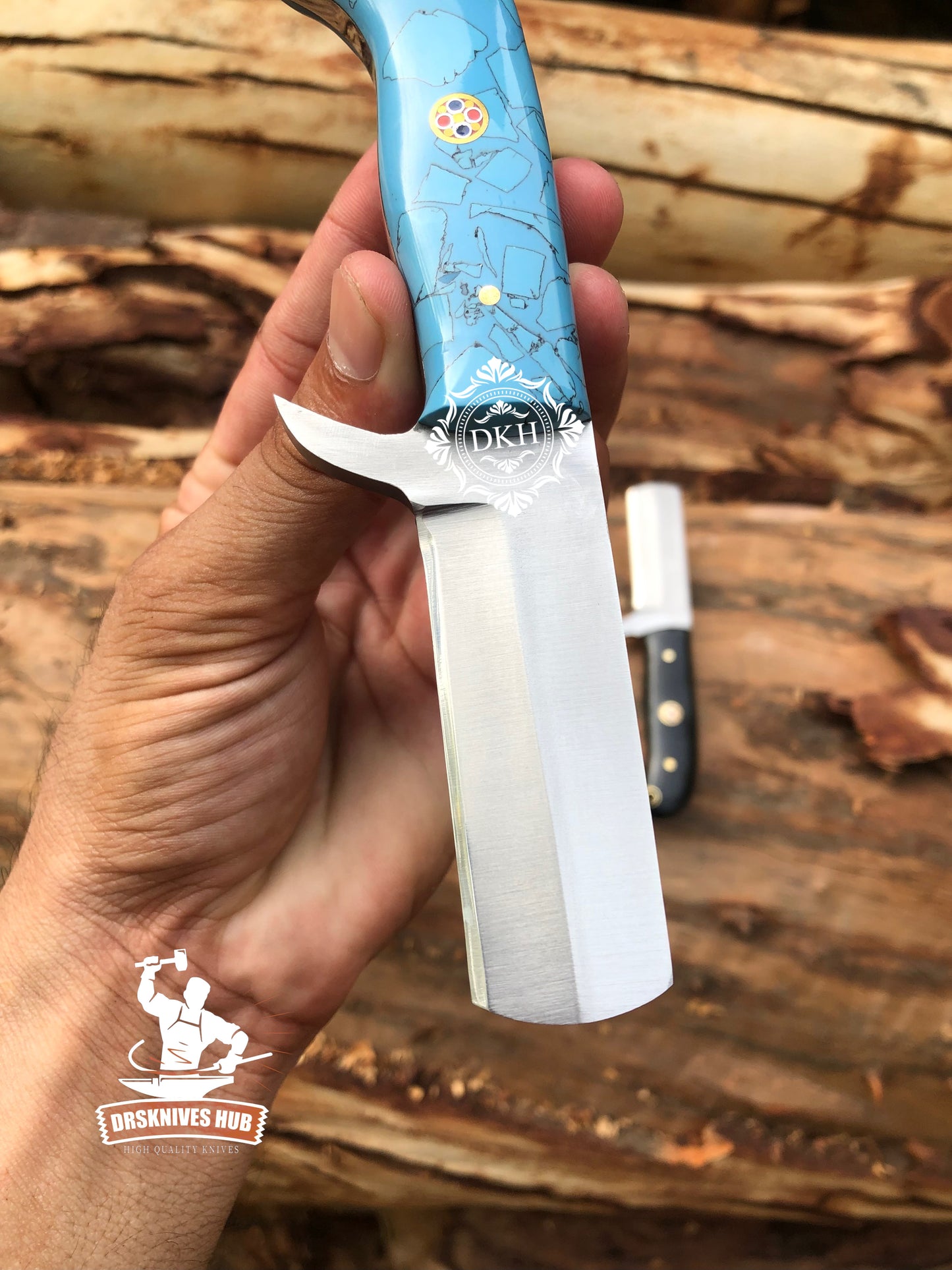 Turquoise Handle Handmade Stainless Cowboy Bull Cutter Knife With Leather Sheath Cover